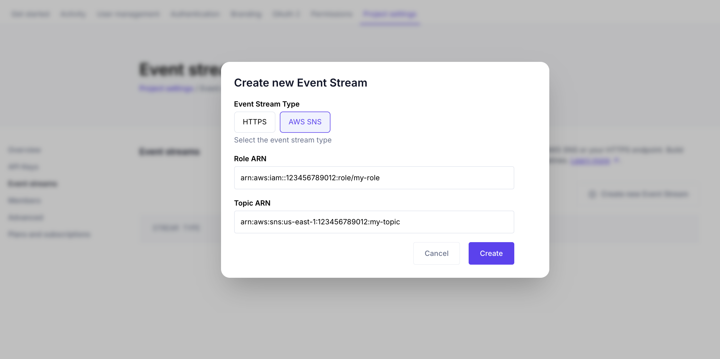 Create new Event Stream dialog with AWS SNS type selected