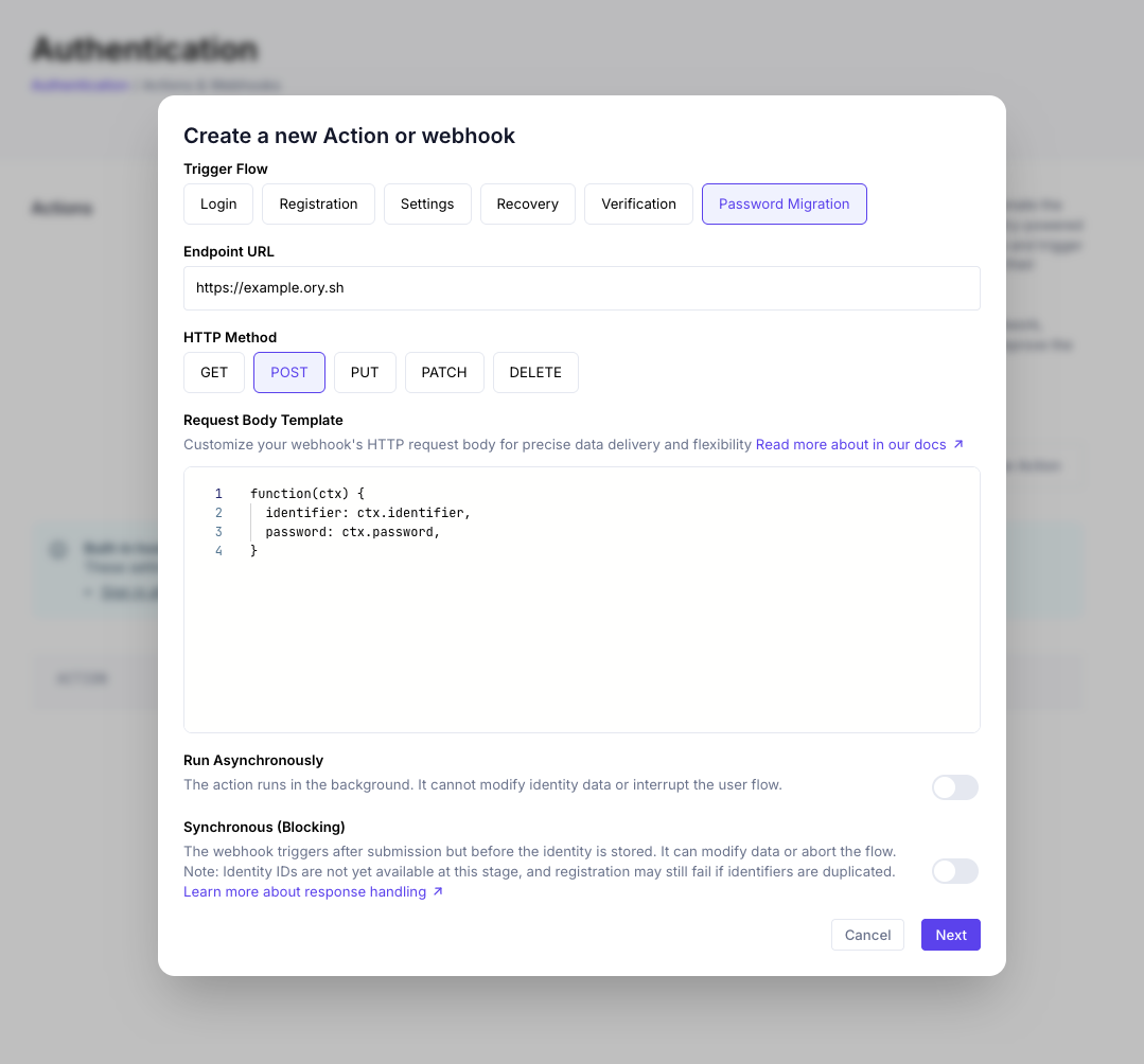 Create a new Action or webhook dialog with Password Migration flow selected