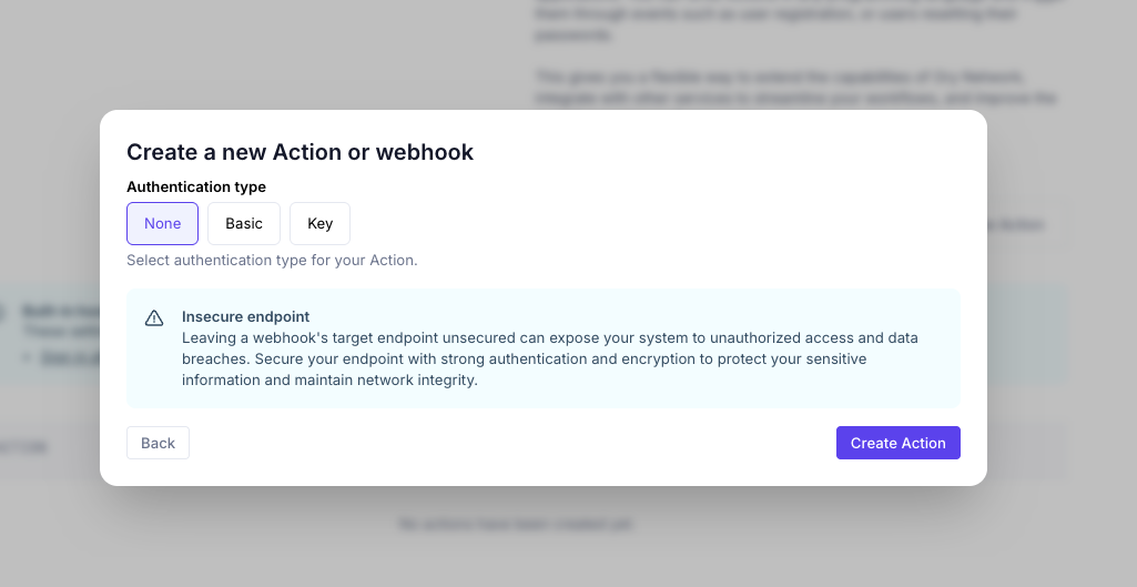 Action authentication dialog